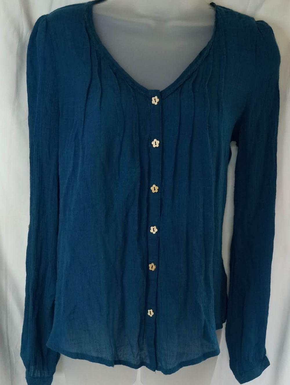 Teal Button-Front Long Sleeve Blouse Shirt Lace Back Flowy Fairy Small Boho Y2K